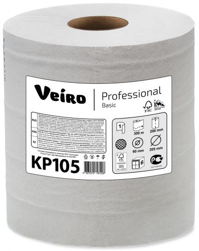 Veiro Professional Basic KP105 Полотенца бумажные в рулоне с центральной вытяжкой, однослойные, белые, 6 рулонов по 300 метров