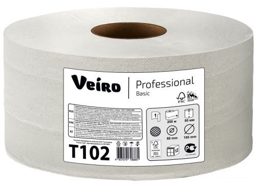 Veiro Professional Basic T102 Туалетная бумага в больших рулонах, белая, однослойная, 12 рулонов по 200 метров