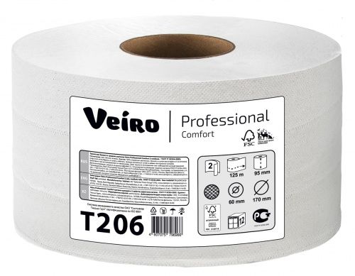 Veiro Professional Comfort T206 Туалетная бумага в больших рулонах, белая, двухслойная, 12 рулонов по 125 метров