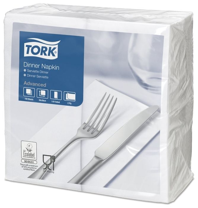 477554 Салфетки сервировочные Tork 39х39см, белые, 150шт. 2-сл. 12 шт. в коробке