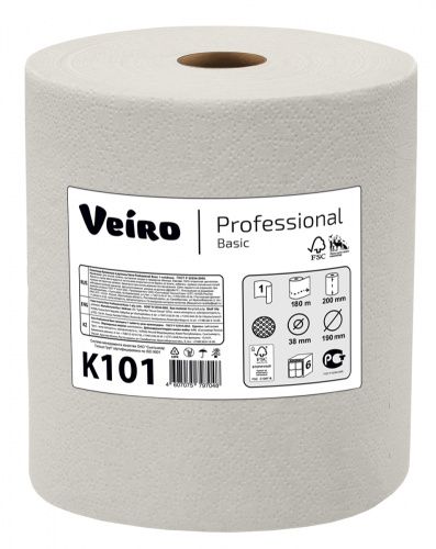 Veiro Professional Basic K101 Полотенца бумажные в рулоне, однослойные, белые, 6 рулонов по 200 метров