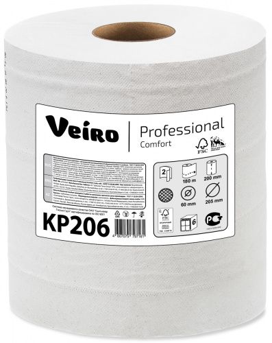 Veiro Professional Comfort KP206 Полотенца бумажные в рулоне с центральной вытяжкой, двухслойные, белые, 6 рулонов по 180 метров